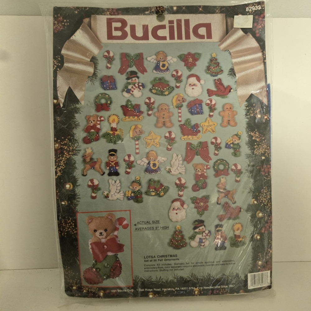 Vintage 1991 Bucilla Felt Ornament Kit - LOTSA CHRISTMAS, 50 Ornaments, Open Kit